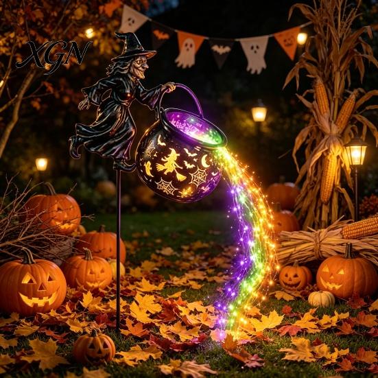 Garden Ornaments for Outside Decor Halloween Witch Stake Light Outdoor Decoration, 33.5 Inch Waterfall-Style Iron Stakes Lawn Cauldron
