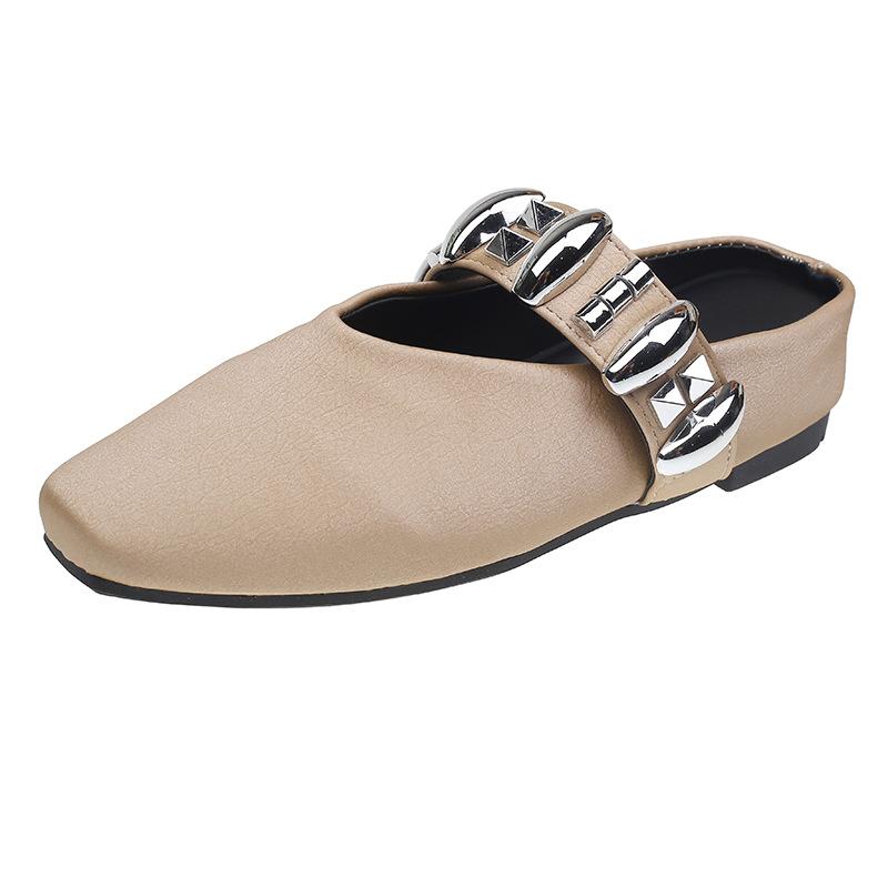 Niche Design Sense Mary Jane Small Leather Shoes Women's Shoes Metal Decoration Shallow Mouth Round Head Flat Heel with Half Drag
