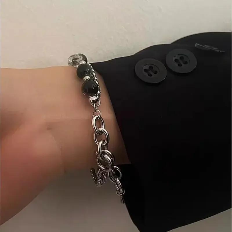 Retro Black Cracking Beads Bracelet for Men Women Stainless Steel Double Layered Chain Fashion Hip-pop Jewelry Hand bracelet
