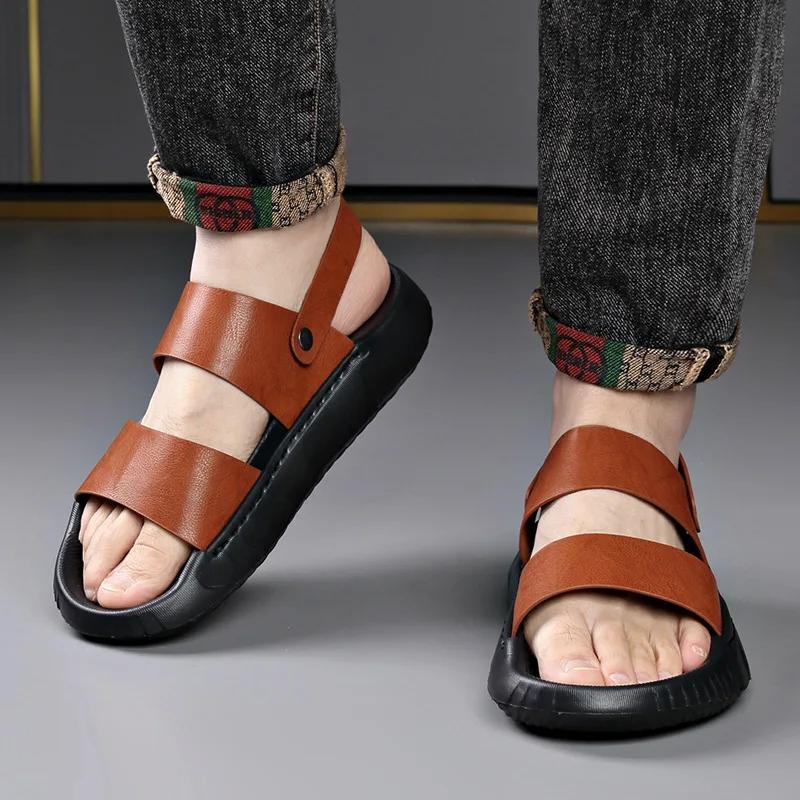 Summer Men Shoes Leather Sandals Thick-soled Casual Slipper Platform Shoes Fashion Beach Shoes