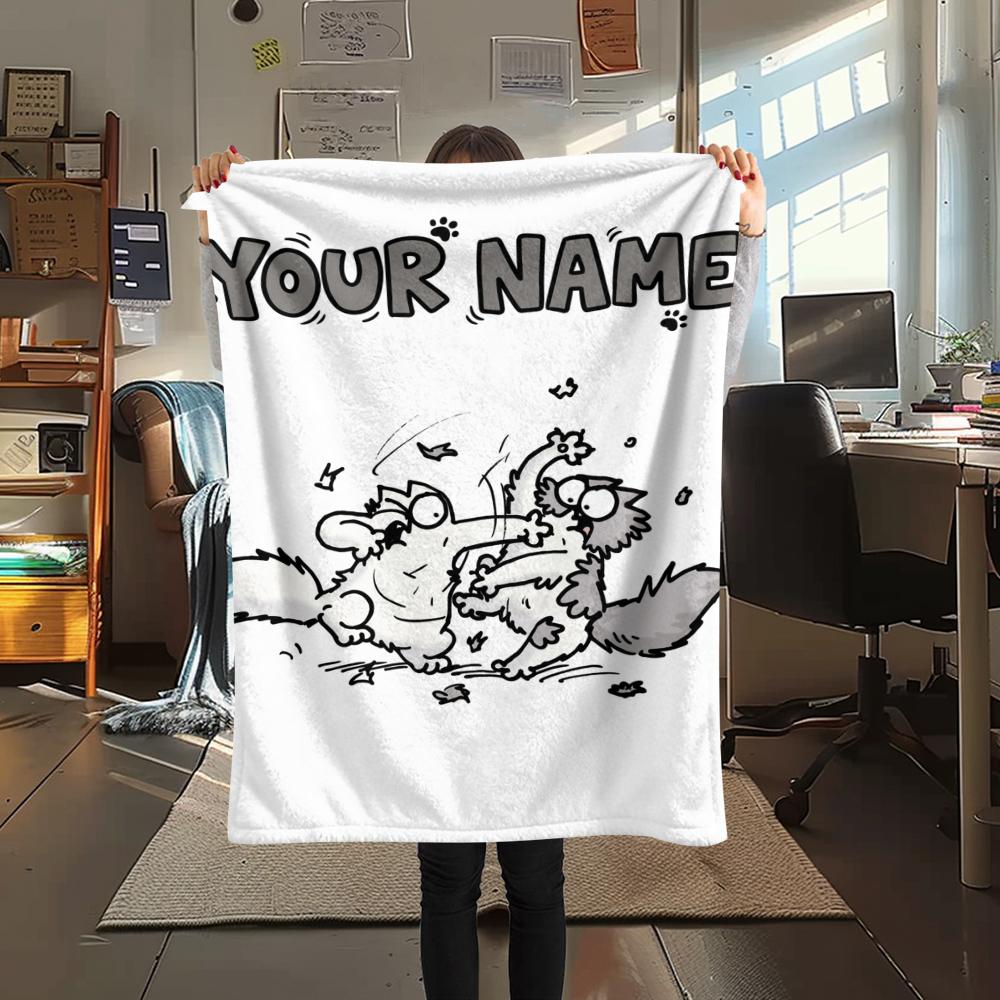 1PC Custom Name Simon‘s Cat Patterned Flannel Blanket Suitable For All Seasons for Home Decor Warmth and Comfort Gifts Holiday Present