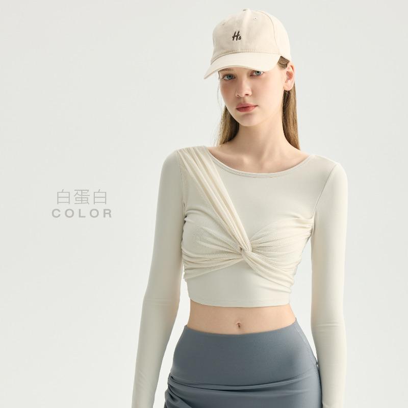 Kink mesh stitching yoga clothes, long sleeves, women's with chest pads, short butterfly back fitness clothes, exposed navel sports top