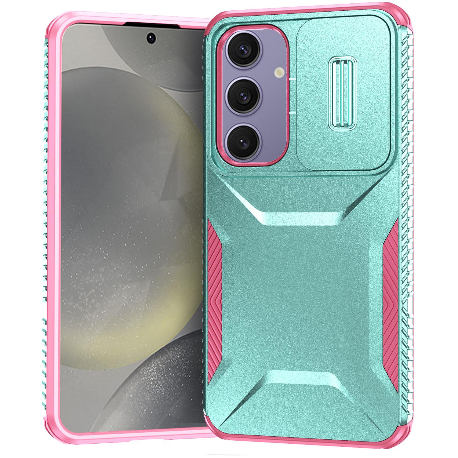 

For Samsung Galaxy S24 FE Case Camshield TPU+PC Phone Cover Non-slip Side Edge Grey Green+Pink