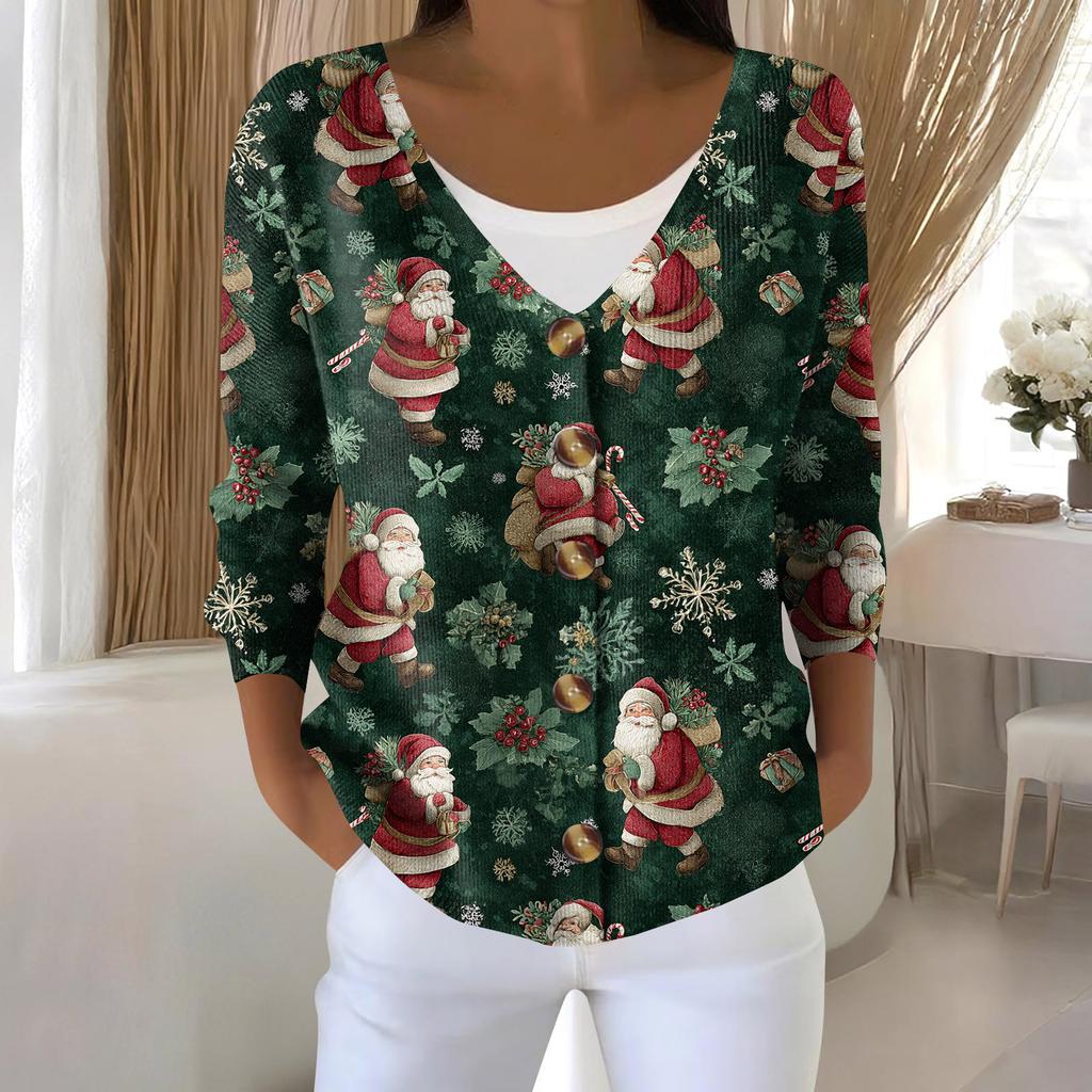 Women's Fashion Long Sleeve Christmas Snowman Snowflake Print Jacket Cardigan