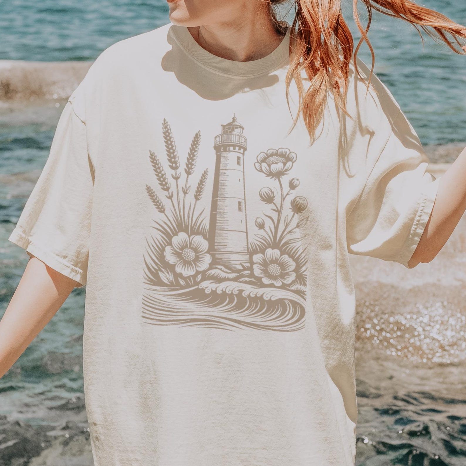 Lighthouse Linocut T-Shirt, Guided by the Tide Graphic Tee Beach Vacation 120