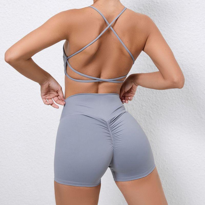 

Fashion Cross Shoulder Strap Backless Bra Peach Hip Shorts Yoga Suit Running Quick-Drying Tight Sports Workout Clothes Silver Gray L