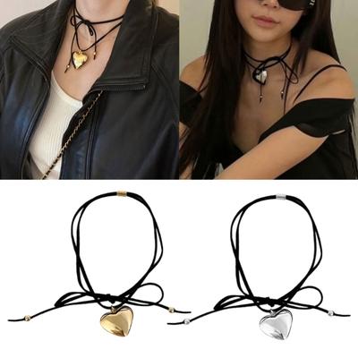Fashion Heart Pendant Necklace Adjustable Knotted Bowknot Choker Neck Tie Chain Jewelry Elegant Clavicle Chain Necklace