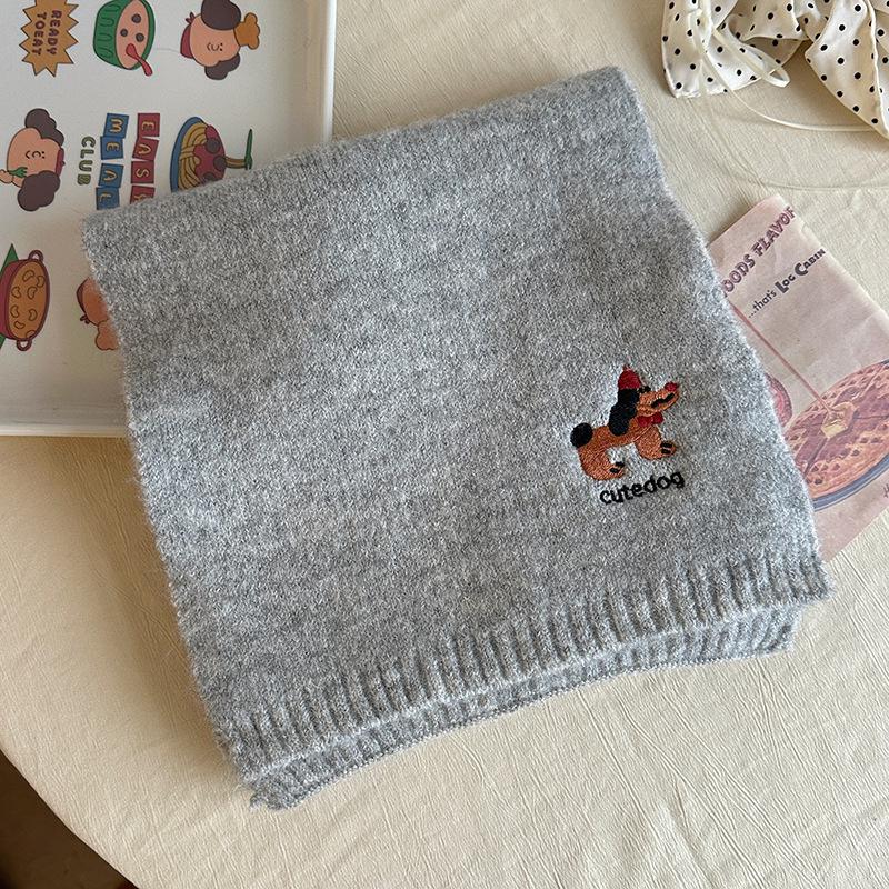 Falling Pool Knitwear: Women's Cute Puppy Embroidered Winter Scarf - Warm, Versatile Cartoon Neck Warmer