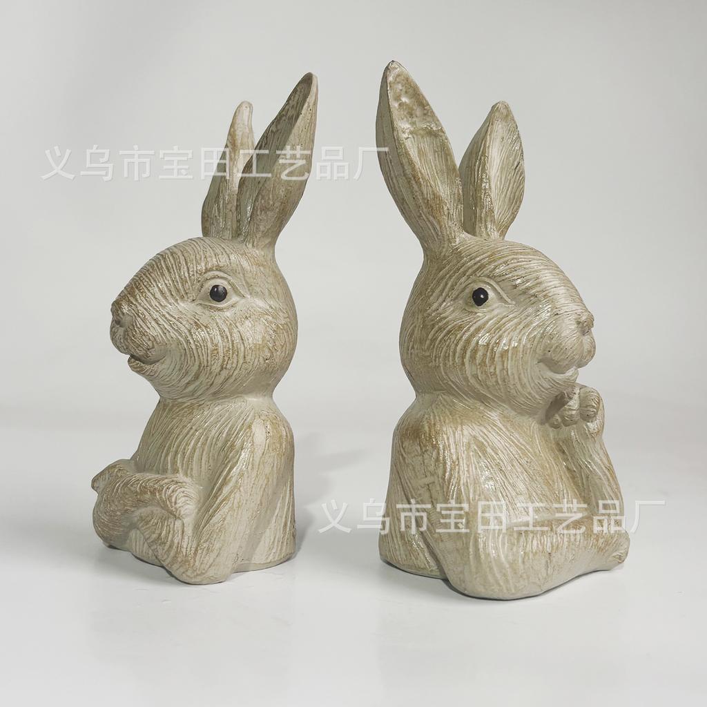 Pastoral resin rabbit 2-piece set, desktop decoration ornament, retro and old American country garden statue