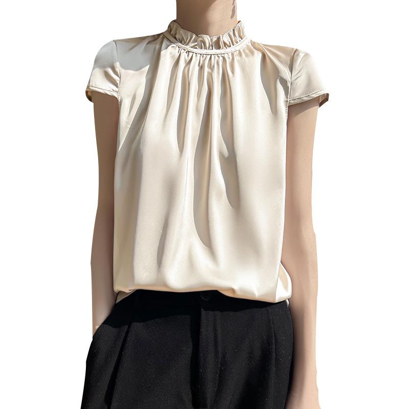 Top T-shirt da donna estiva in seta a collo mezzo alto con design laterale ad orecchio di legno, colore unito, top canottiera a maniche corte