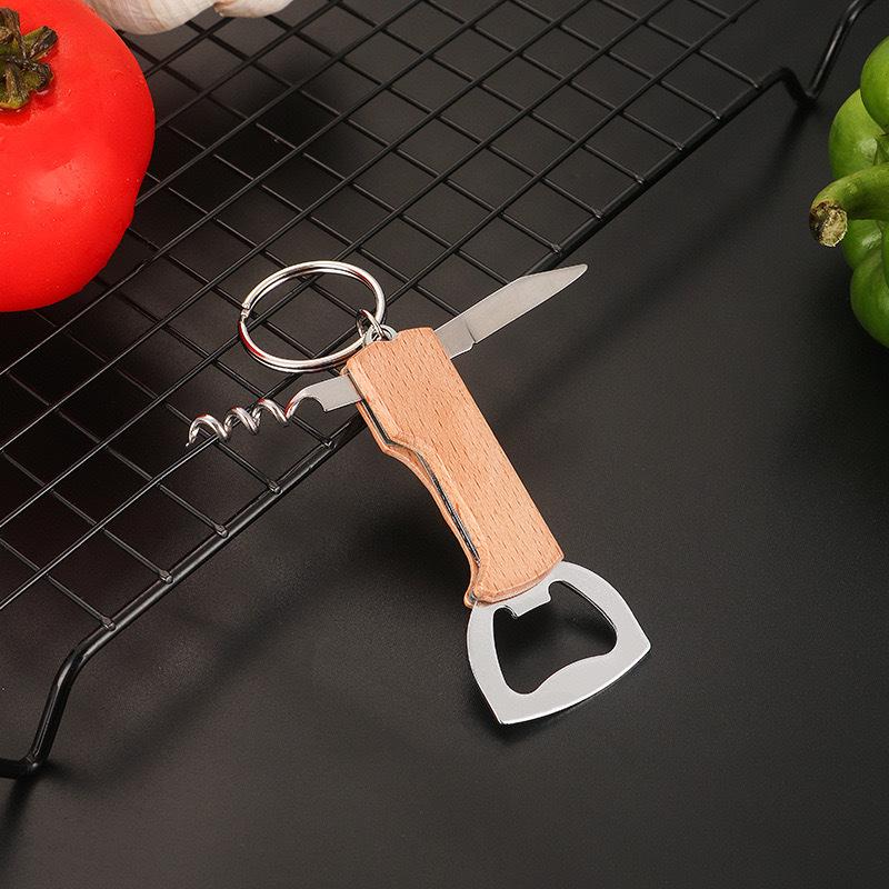 Three-in-One Portable Stainless Steel & Wooden Handle Knife Wine/Beer Bottle Opener with Keyring