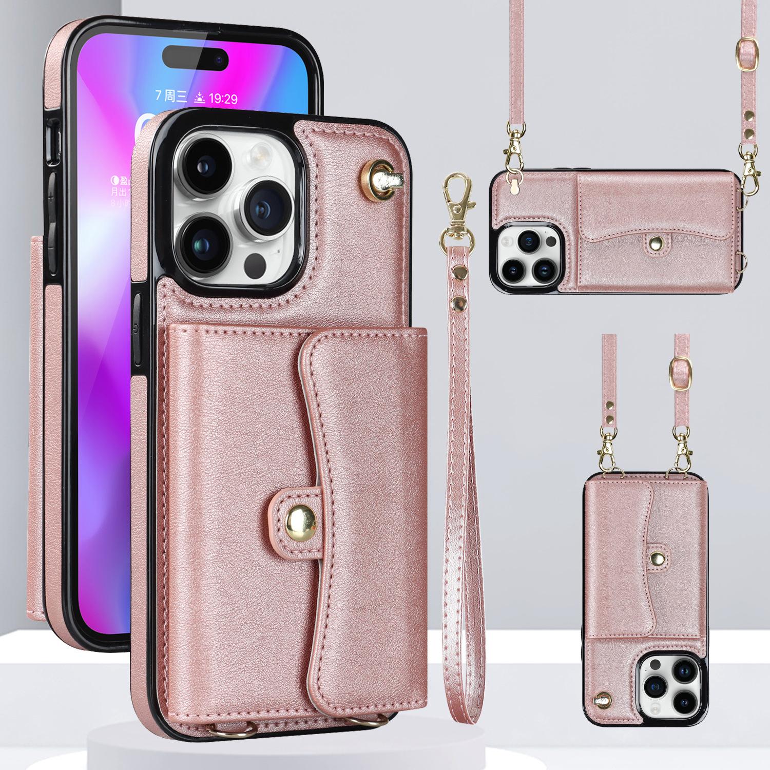 

Подходит для iPhone 15 Pro+Max Organ Card Case Multi Functional Leather Cover 14 Hand Rope Protective Cover iPhone 7-8 P розового золота