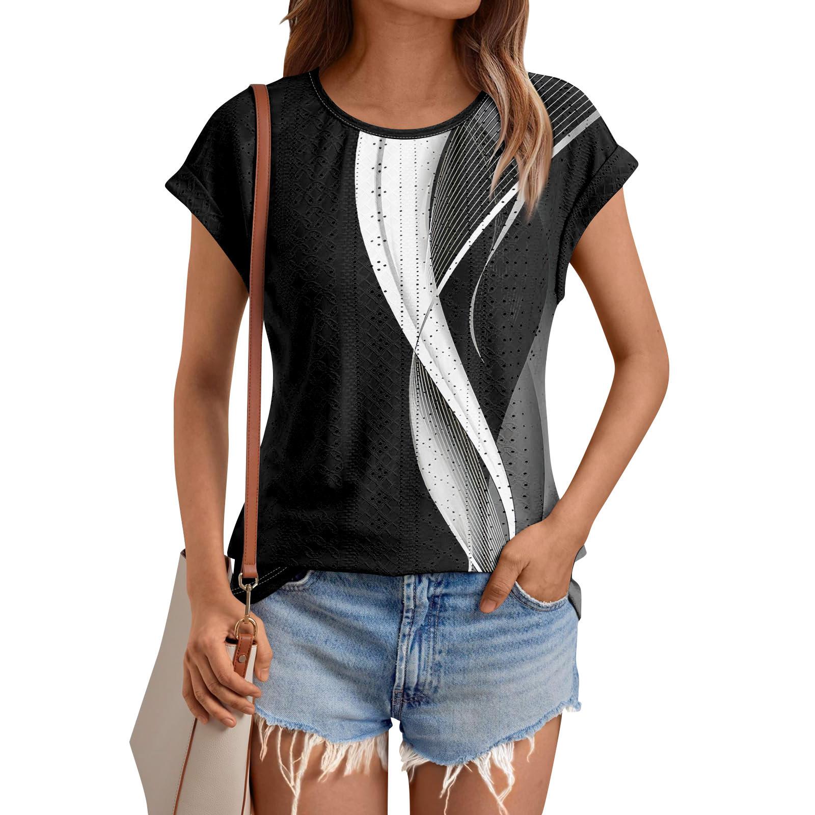 

Женские топы, футболки с коротким рукавом, блузки с принтом, нарядные повседневные ажурные вышивки, летняя модная одежда L чёрный