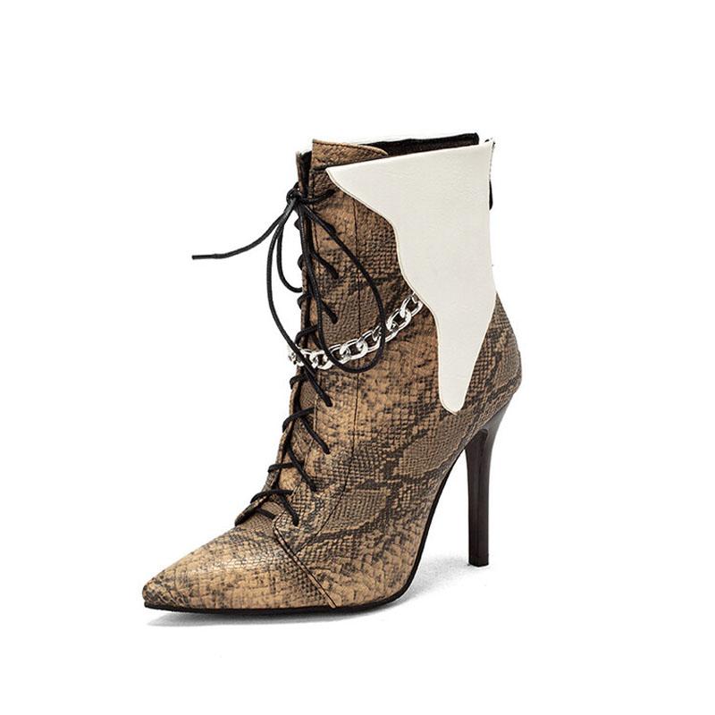 

Сексуальные женские ботинки Острый носок Зимние из ПУ кожи Ботильоны на шпильке Принт под змеиную кожу На шнуровке Женские туфли-лодочки Тонкий каблук WSH4727 40