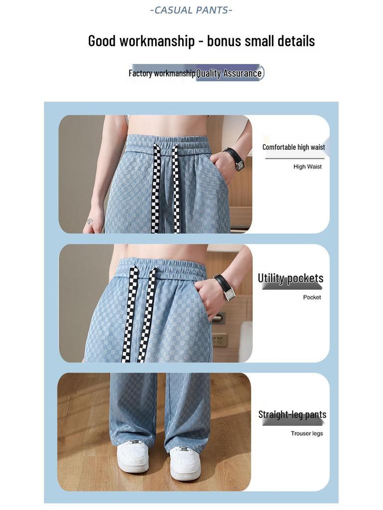 Petite Checkered Ice Silk Wide Leg Pants - Summer Elastic Waist, Slimming, Loose Casual Fit for Women