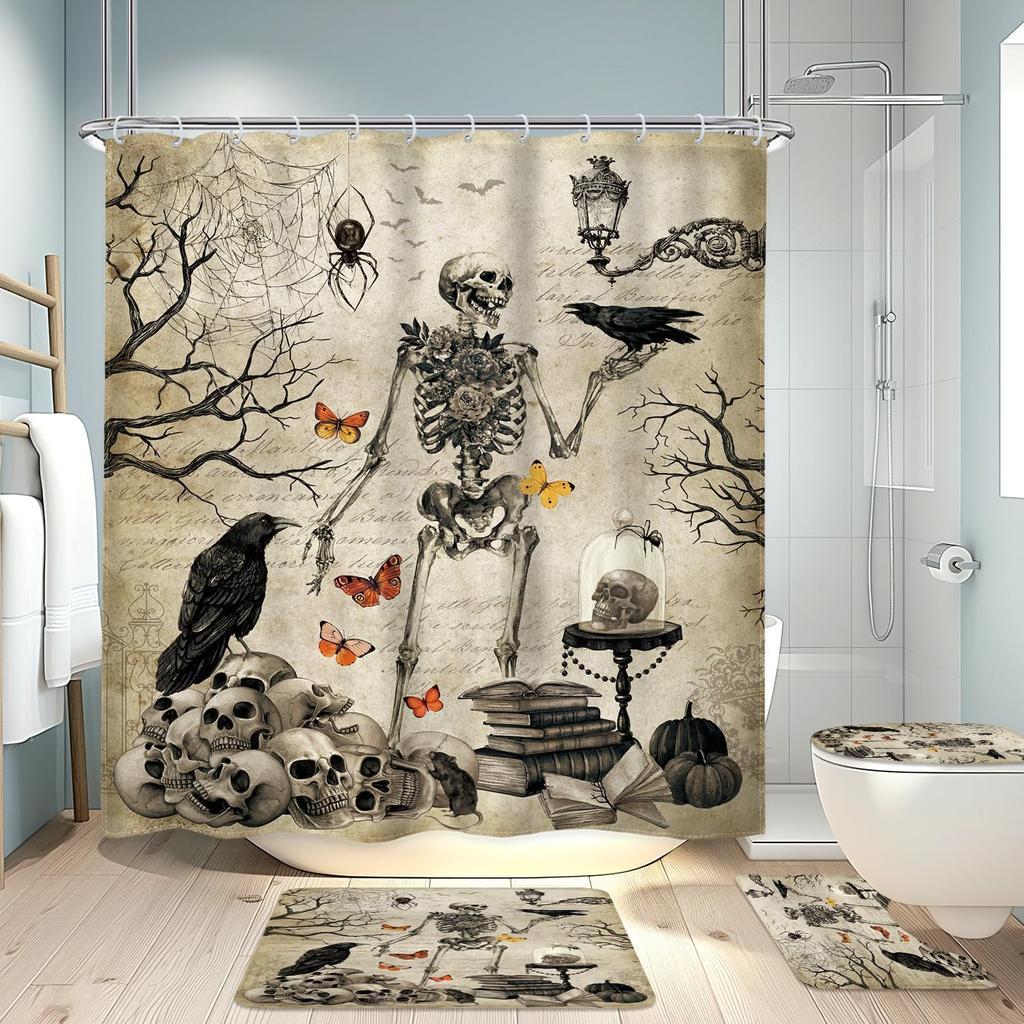 Gothic Skull Shower Curtain Bathroom Set Halloween Death Head Moth Pink Flower Leaves Spider Scary Witchy Bath Accessories