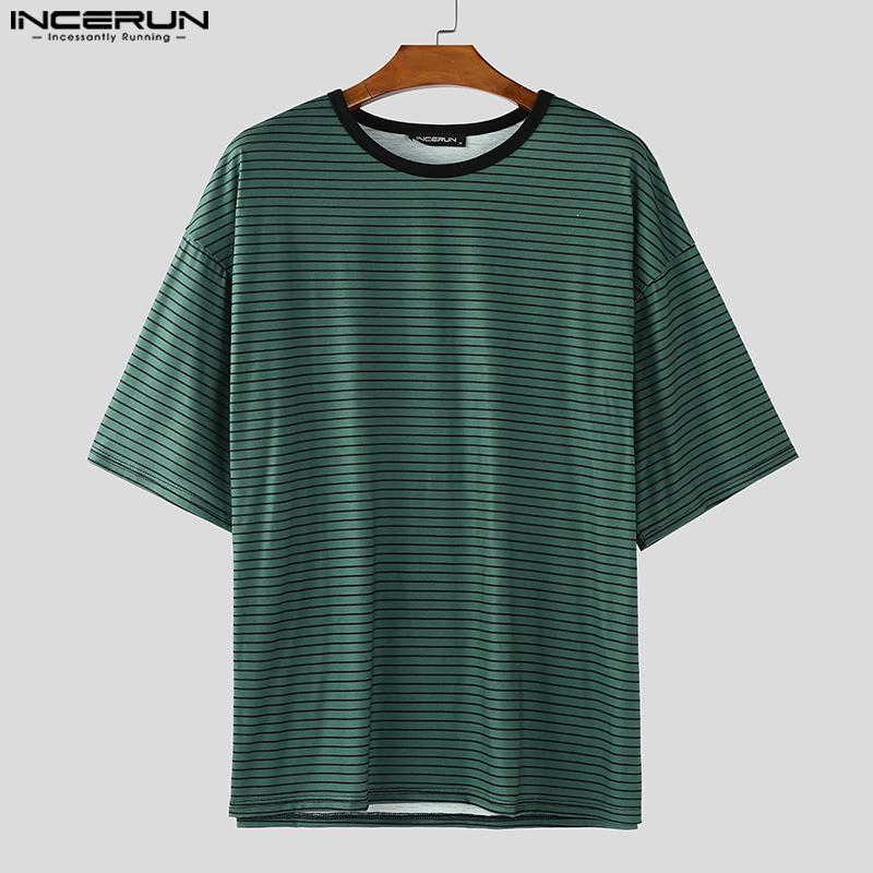 INCERUN Oversized Men O Neck Short Sleeve Striped Casual T-shirts