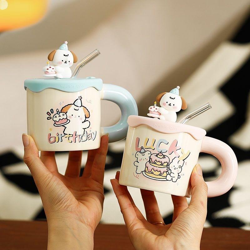 High Value Cartoon Puppy Straw Cup Girl Cute Ceramic Mug with Lid Couple Water Cup Birthday Gift