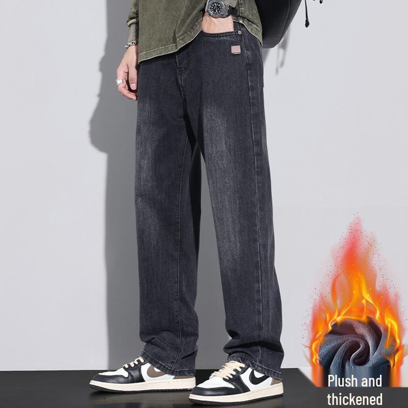 2025 Autumn Men's Blue Straight-Leg Loose Jeans, Fleece-Lined, Plus Size, American Retro Style, Thickened for Warmth.