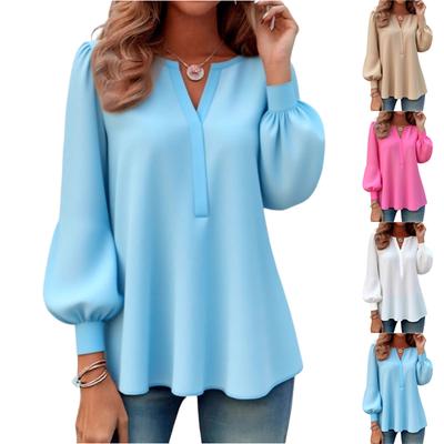 Damen Modisches Einfarbiges V-Ausschnitt Lockeres Lässiges Langarm-Pullover-T-Shirt Oberteil