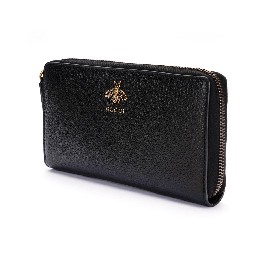 Gucci Animalier Zip Around Wallet Black Leather Gold Bee Emblem Designer Long Wallet 523667-DJ20T-1000