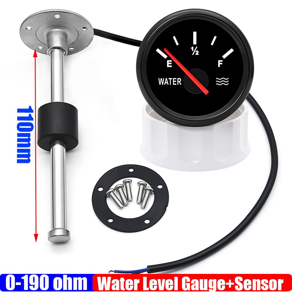 0-190 OHM 2" 52mm Water Level Gauge with Red Light + Water Level Sensor 110mm 230mm 320mm 530mm for All Auto Boat Yacht 12V 24V
