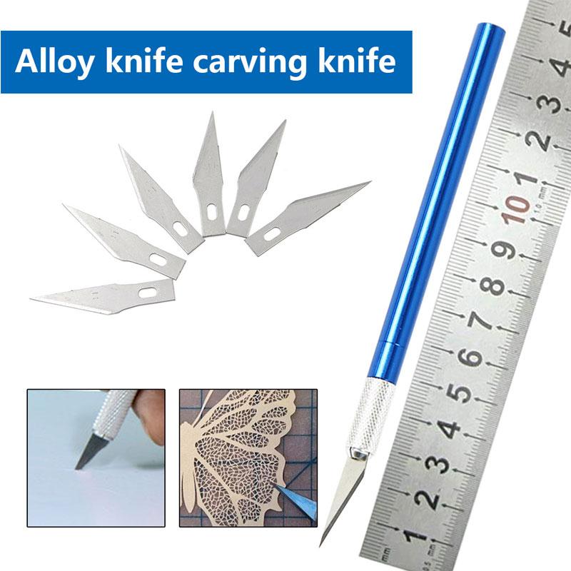 

1 комплект DIY нож с металлической ручкой, скальпель с 6 шт., лезвие, гравировальный резак, нескользящая многоцветная утилита