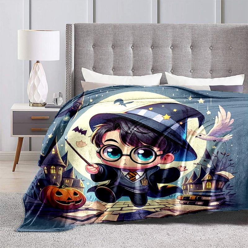 1pc Chibi Wizard with Pumpkin and Books Cartoon Blanket,Portable Throw for Travel & Camping, All Season Cozy Blanket,Ideal Gift