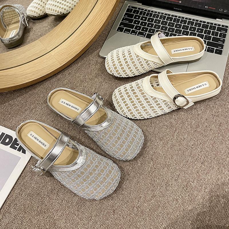 Damen Sommer lässig hohl ein Hocker Baotou Hausschuhe flacher Boden atmungsaktiv faule Halbschuhe