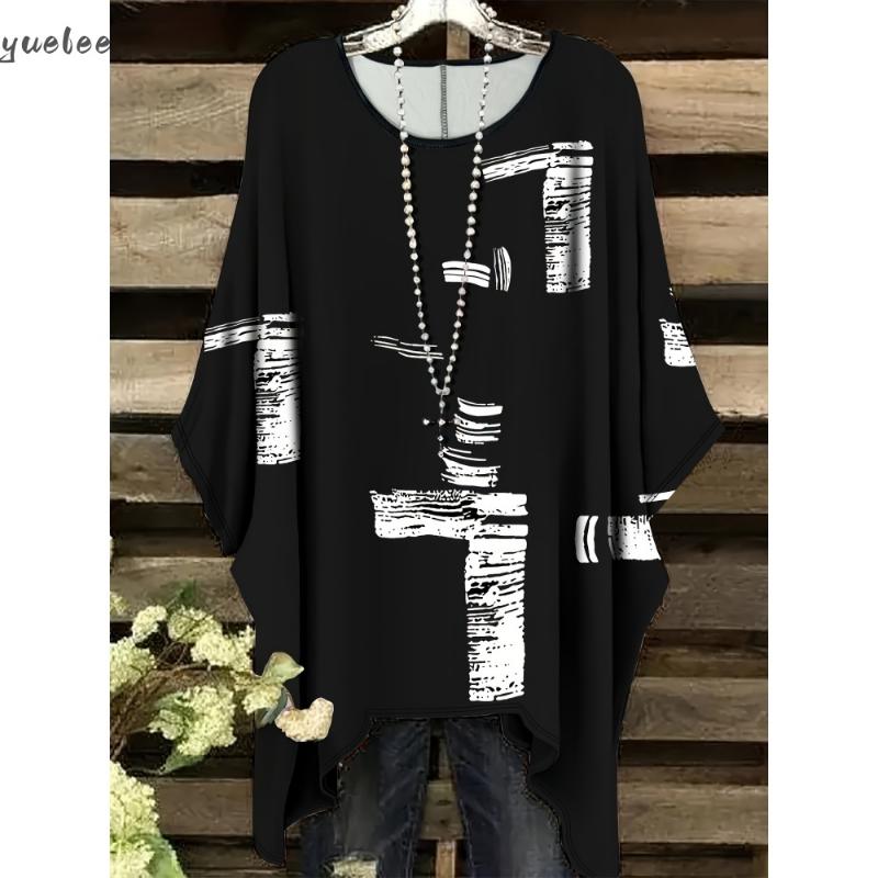 2025 Camiseta Elegante Bohemia para Mujer Estampado Floral de Mariposas Dobladillo Asimétrico Cuello Redondo Versátil y Lavable a Máquina Verano