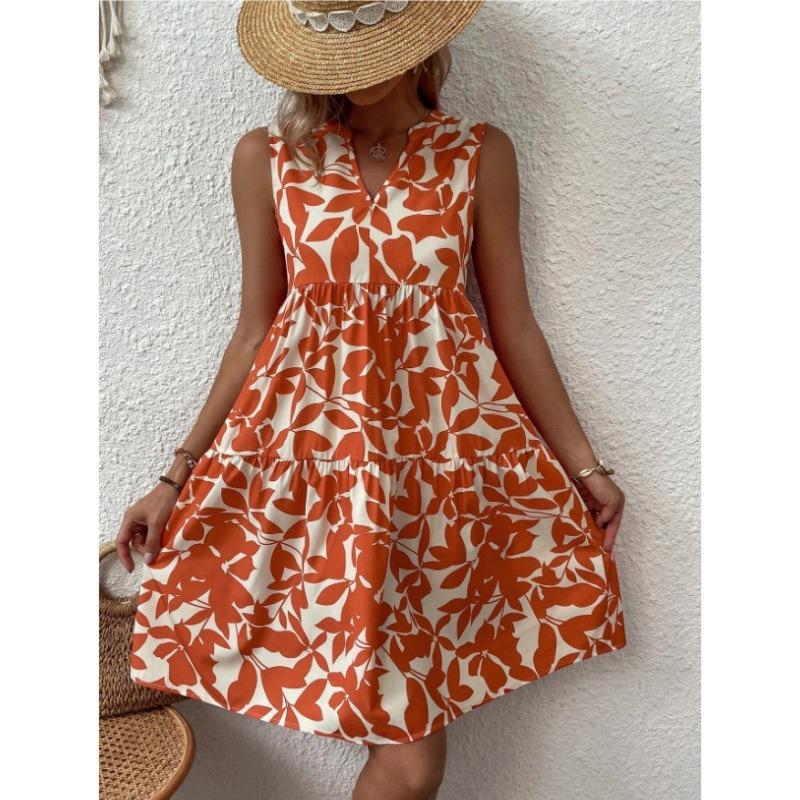 Elegant Sleeveless V Neck Floral Print Boho Mini Dress Summer Ruffle A Line Party Tank Dress Large Size Women Casual Loose Oversize Beach Sundress