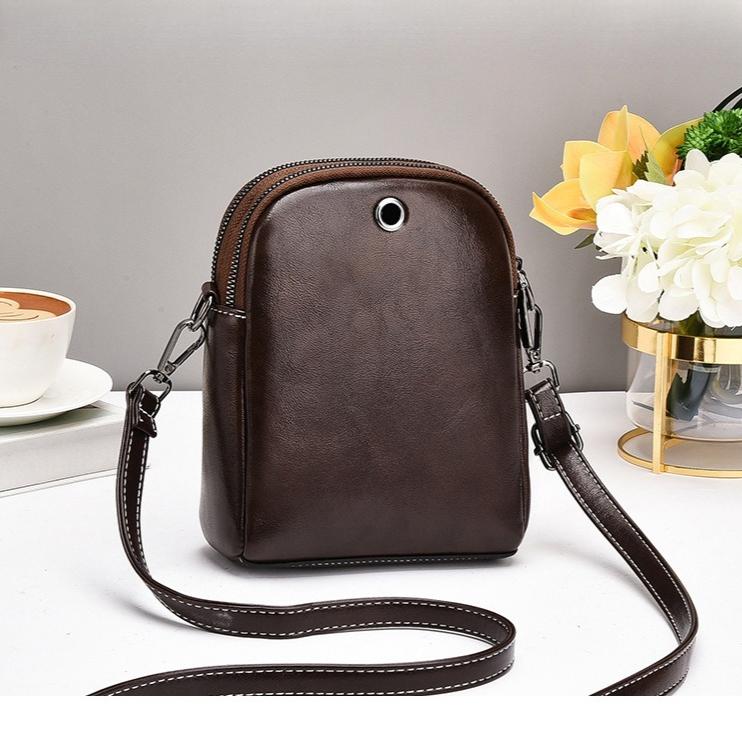 Borsa Piccola a Tracolla da Donna Retrò in Ecopelle con Doppia Cerniera Tracolla Regolabile Tasche Multiple con Zip