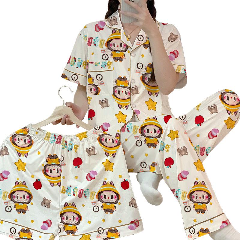 Sweet Girl Spring And Summer Short-Sleeved Pajamas Three-Piece Set Cute Cartoon Loose And Comfortable Loungewear
