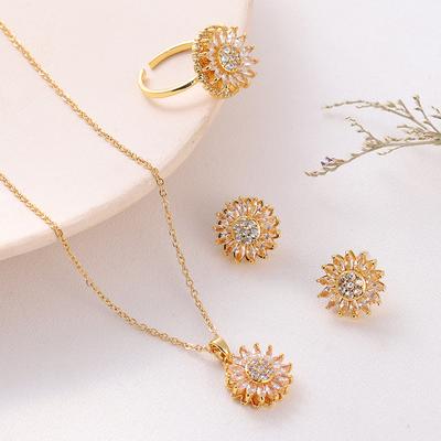 Minimalist Titanium Steel Necklace Earrings Ring Zircon Jewelry Set Rotatable Sunflower Jewelry Set for Women