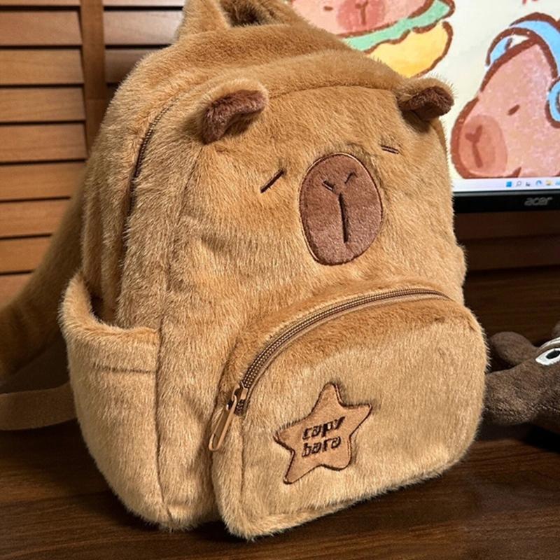 Cartoon Plush Capybara Animal Backpack for Teens Multiple Pockets Student School Bag Zippered Crossbody Shoulder Bag