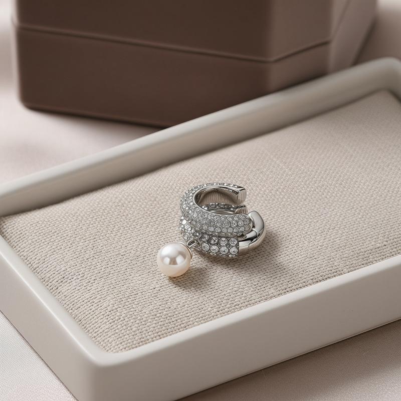 Silver-Plated Zircon Pearl Round Ear Cuff No Piercing Accessories Elegant Double Layer Stainless Steel Clip Earrings For Women
