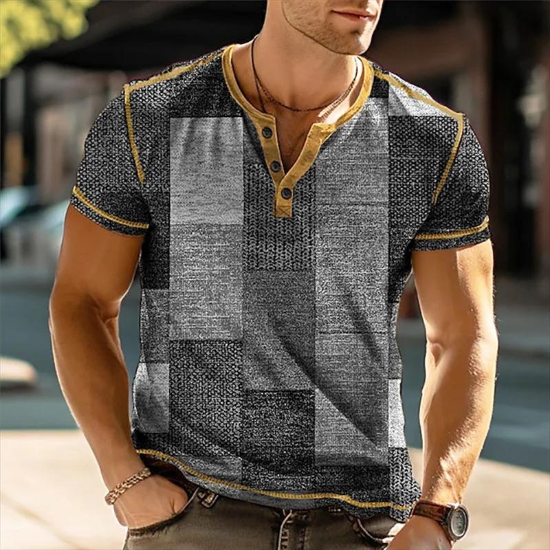 Men'S Summer T Shirt Retro Patchwork Button Short Sleeve Men'S Waffle Trendy Casual Breathable Button T Shirt Attendance Wear