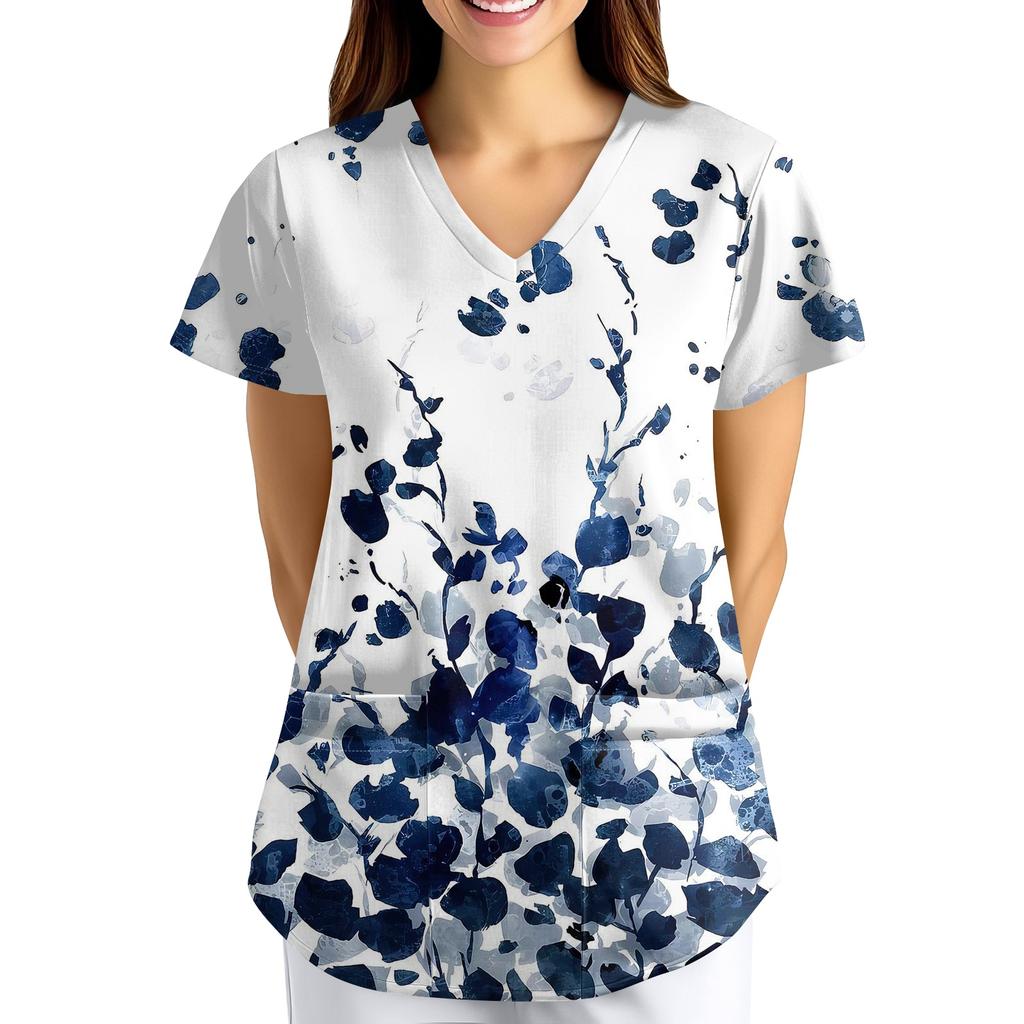 Nadměrná velikost Potištěný pracovní oděv Halenky pro dámský překřížený výstřih do V Potisk Krátký rukáv Zábavná trička Pracovní oděv Tričko s kapsami