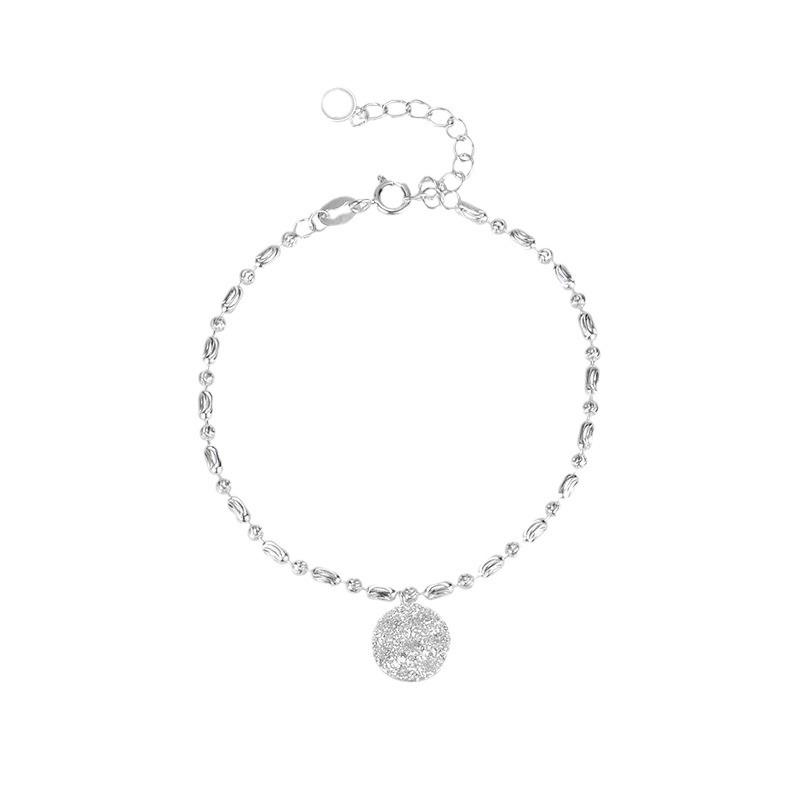 Sterling Silver Lucky Sparkling Sand Round Tag Bracelet, Italian Carved Chain Hand Jewelry for Women