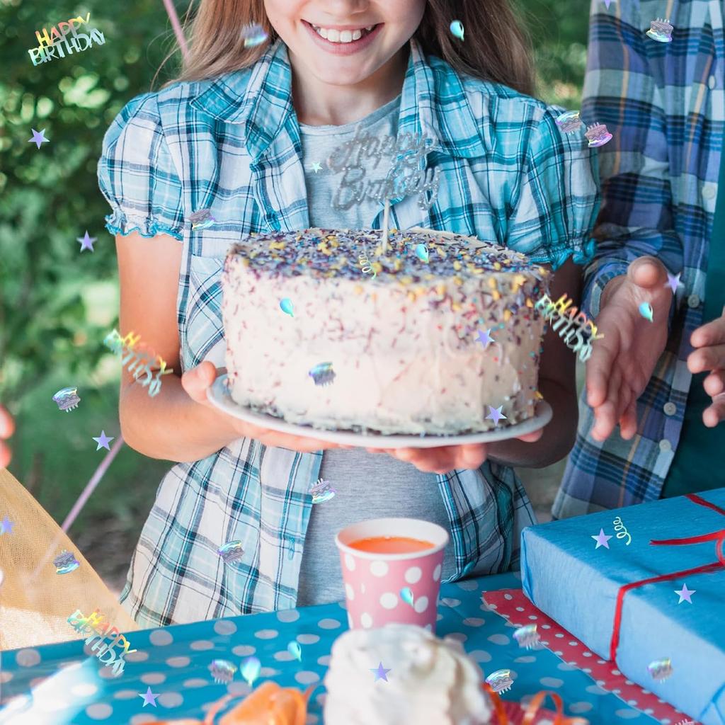 600PCS Happy Birthday Confetti, Glitter Iridescent Party Decorations, Metallic Colorful Table Scatter with Mini Cakes Balloons Stars Ribbons Confetti