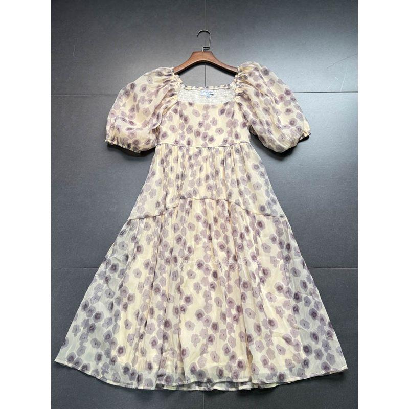 

Foreign Trade Pure Original Retro Princess Style Square-Cut Collar Puff sleeve A Word Princess Long dress Dress Apricot bottom Taro purple flowers L