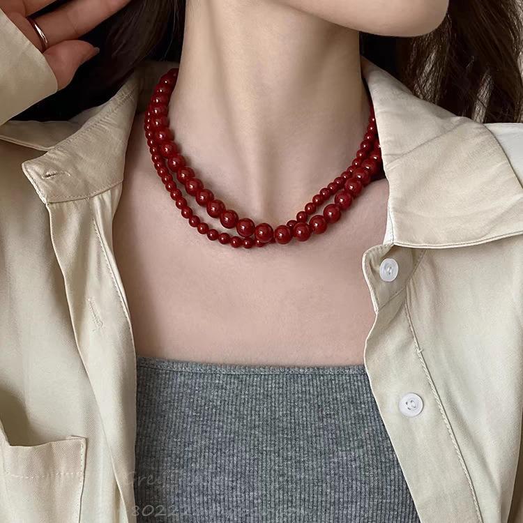 Ankora red beaded autumn and winter versatile neck chain collarbone chain