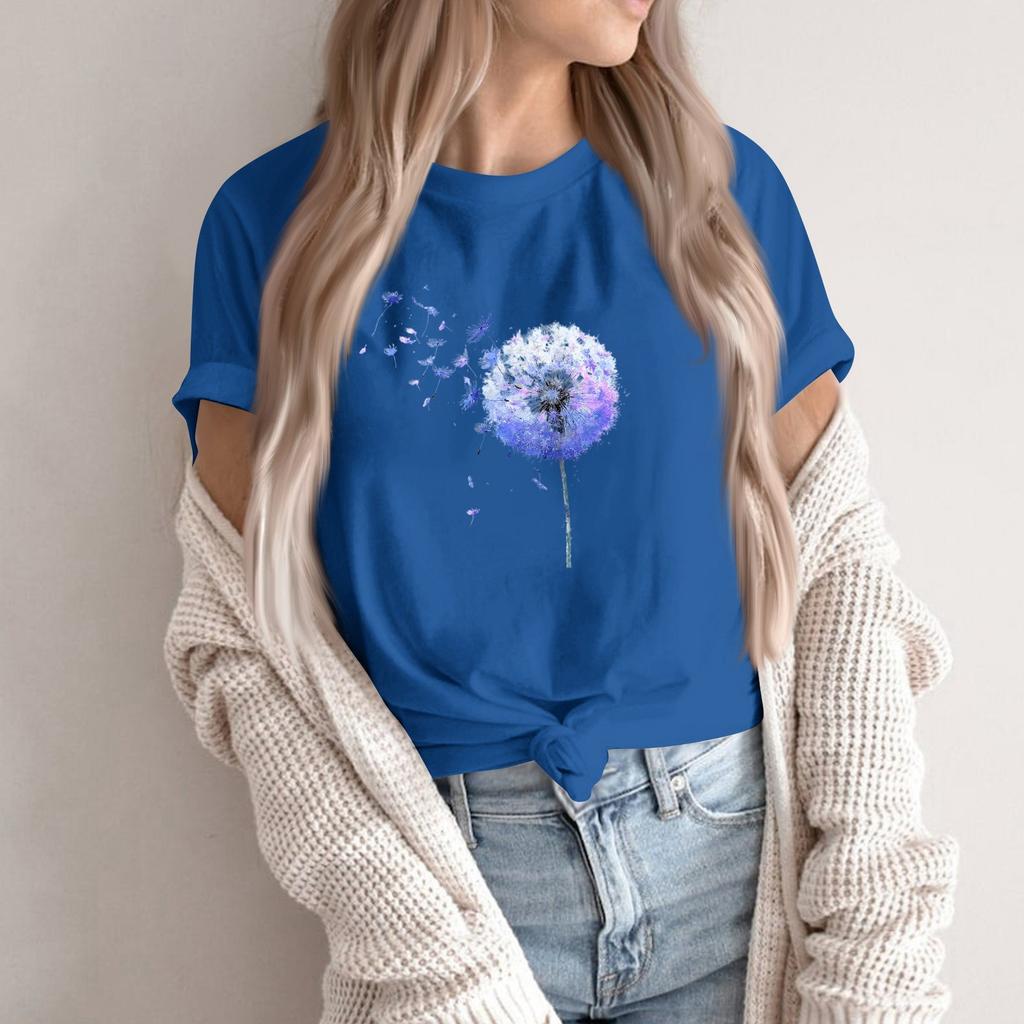Women's Fashion Casual Printed Round Neck Short Sleeved Pullover T-Shirt Top