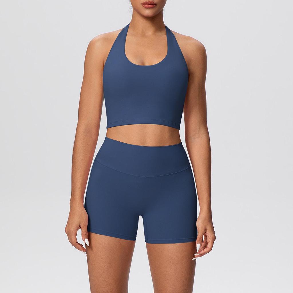 European & American Halter Sports Bra and High Waist Yoga Shorts Set for Women