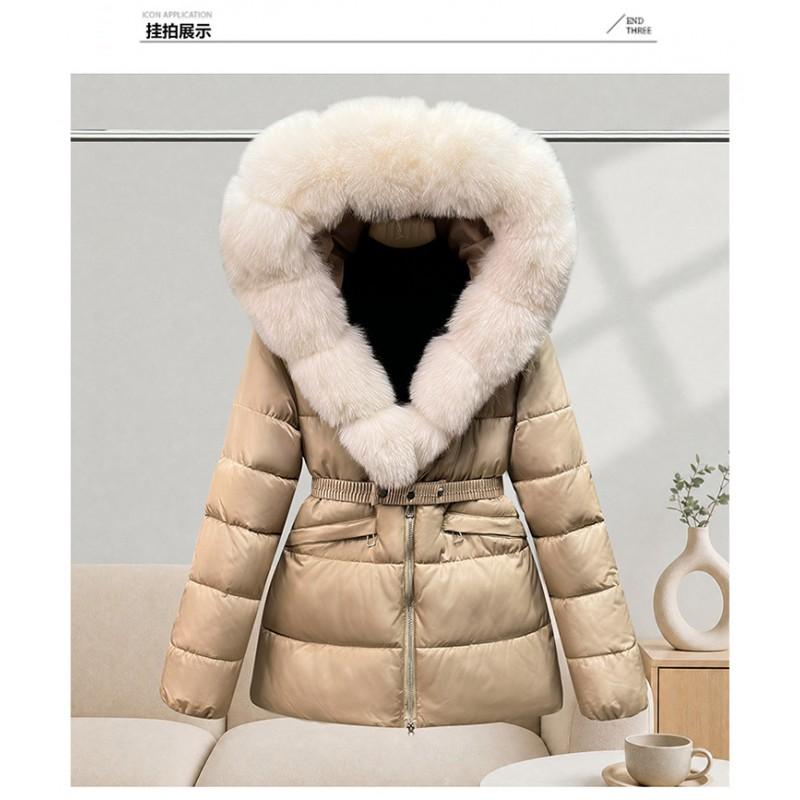 Womens Mid-Length Hooded Puffer Coat With Faux Fur Collar Slim Fit Winter Outerwear In Beige Black Coffee