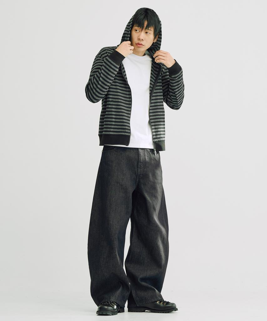 Takeasy [Crop T-Shirt Added] Striped Crop Zip-Up Hoodie (Charcoal)