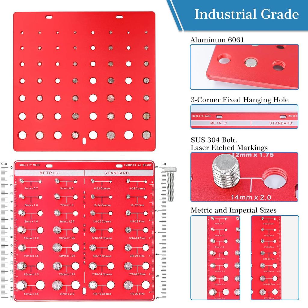 Thread Checker, 28 Nut and Bolt Thread Checker, Bolt Size and Thread Gauge, Thread Checker Standard and Metric, Vktoma Aluminum Bolt and Nut