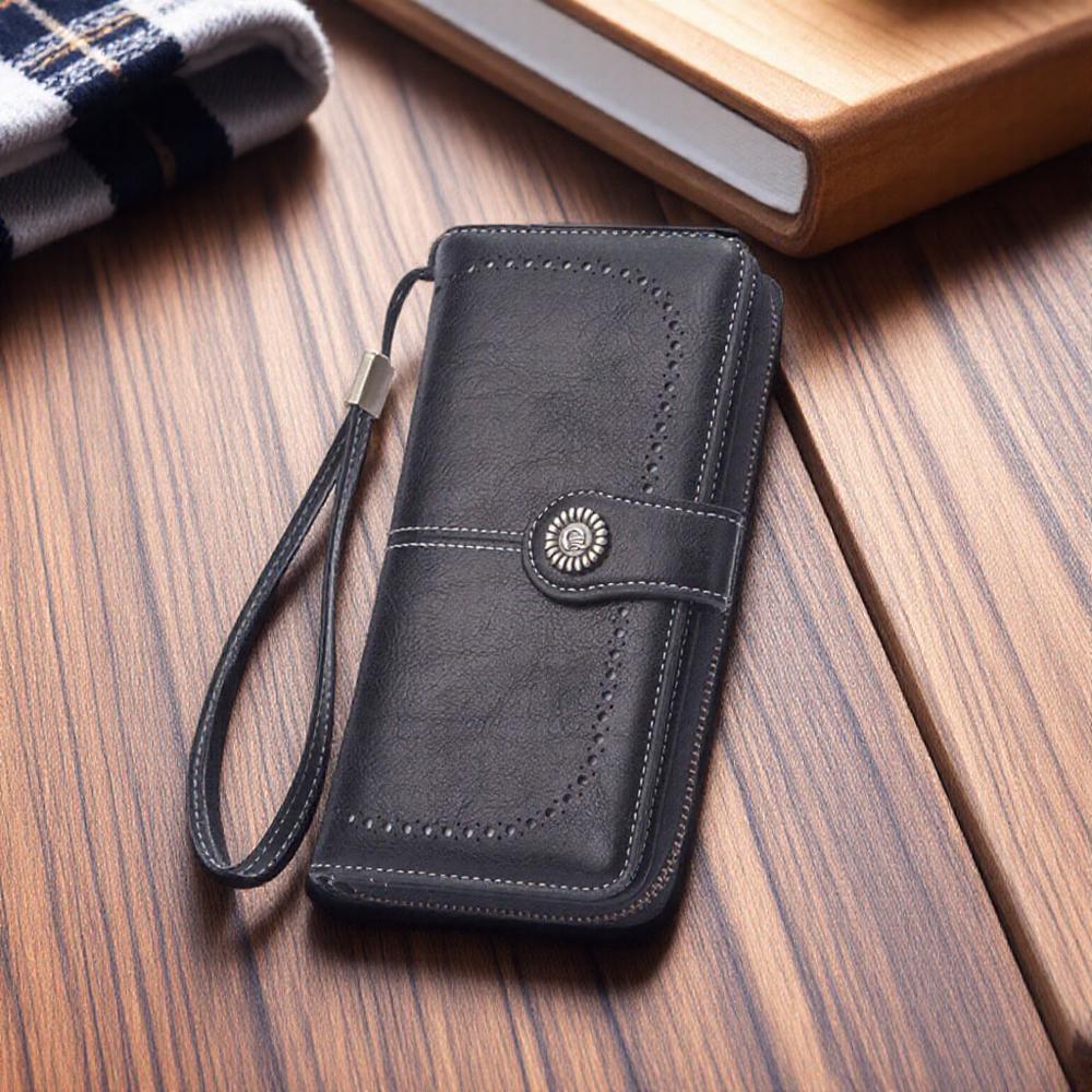 

Vintage Women s Long Leather Purse Retro Natural Skin Zipper Coin Bag Card Holder Big Capacity Wallet for Girls чёрный