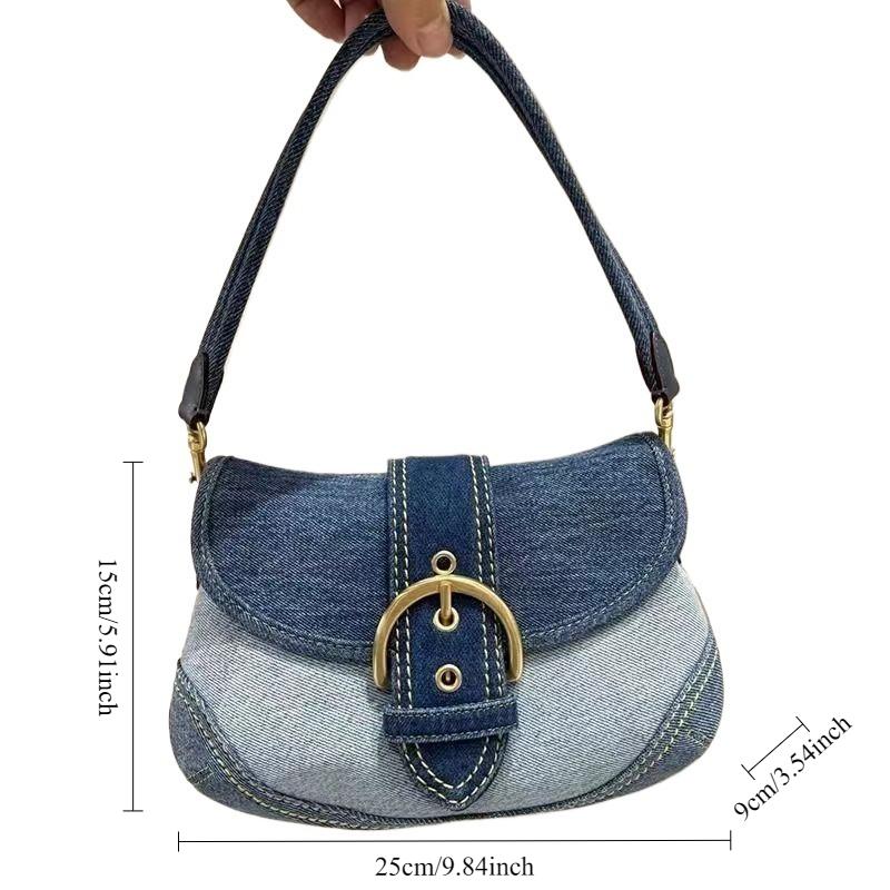 1pcs Women's Denim Underarm Bag Contrast Patchwork Shoulder Bag Minimalist Fashion Casual Handheld Purse