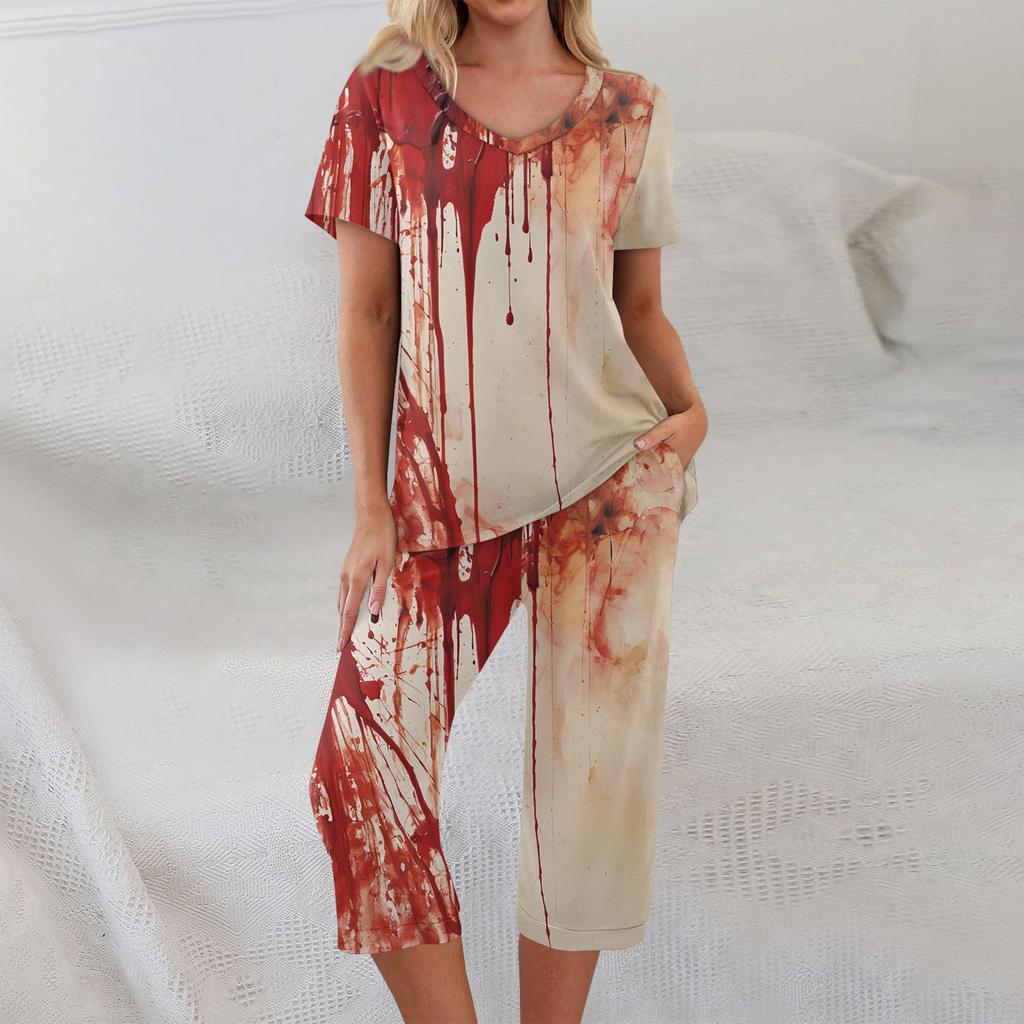 2 Piece Sets For Women Short Sleeve Top And Pants With Pockets Workout Soft Halloween Print Sets